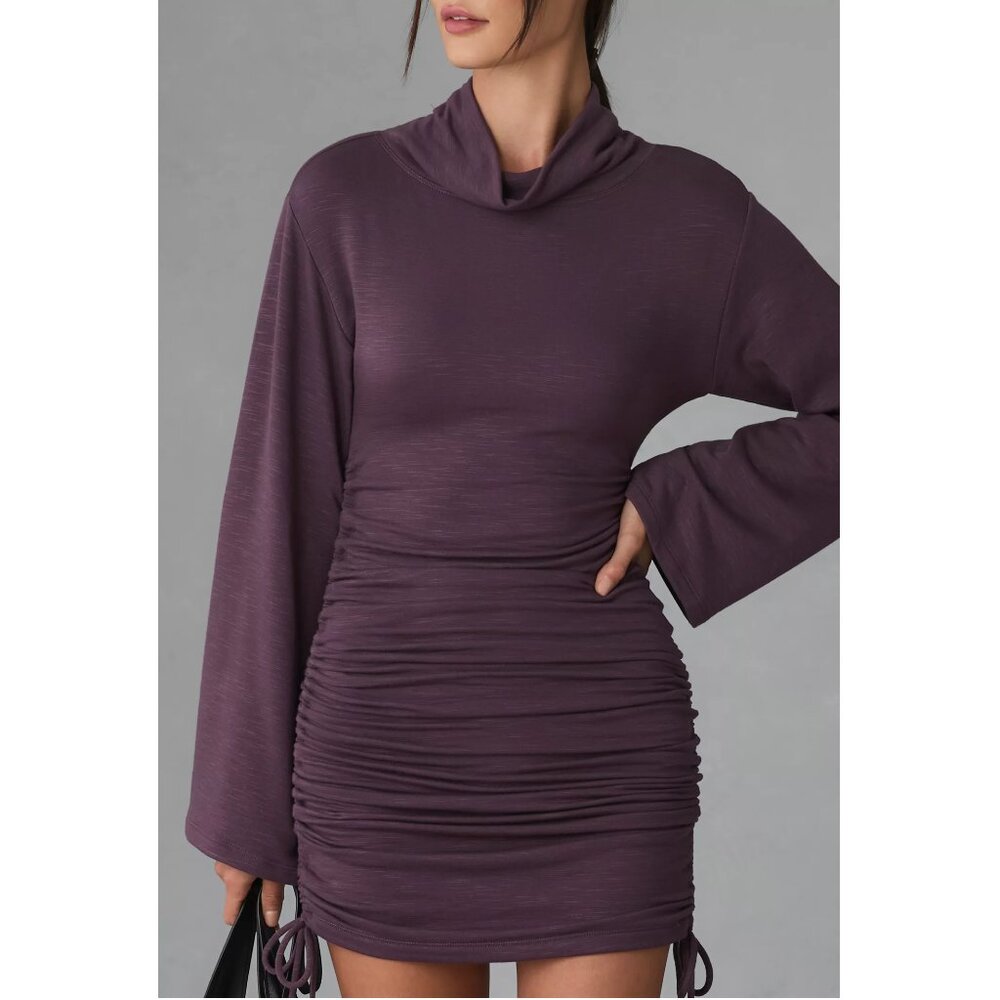 Anthropologie Daily Practice Long-Sleeve Ruched Mini Dress Plum XS